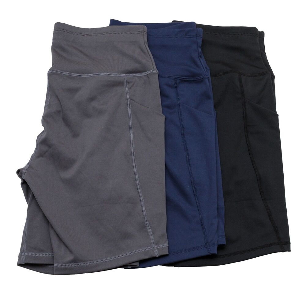 Procadmus 3 Pairs Women's Medium Yoga Biker Shorts Gray Navy Black Side Pockets